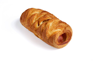 Roll Hot Dogs sausage baked in puff pastry. Isolated on white background with shadow.