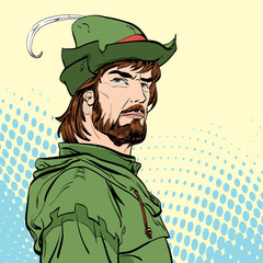 Robin Hood. Defender of weak. Medieval legends. Heroes of medieval legends. Halftone background.