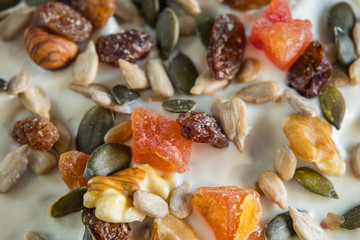 Texture of dried fruit and nuts with yogurt. Healthy Eating