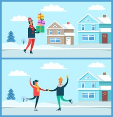 Man and Presents Winter Set Vector Illustration