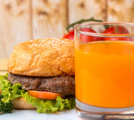 Burger Orange Juice Shows Ready To Eat And Beef