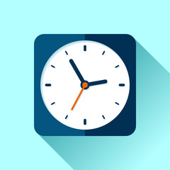 Clock icon in flat style, square timer on blue background. Business watch. Vector design element for you project