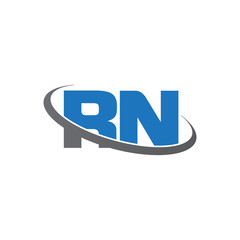 Initial letter RN, overlapping swoosh ring logo, blue gray color