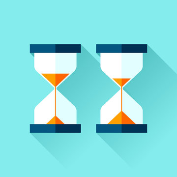 Hourglass icons set in flat style, sandglass on blue background. Vector design elements for you business project 