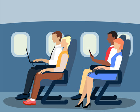 Airline passengers on the plane vector flat illustration