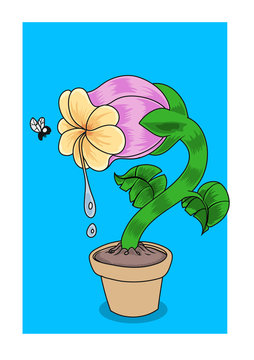 A hungry carnivorous flower looking at a fly. Vector illustration