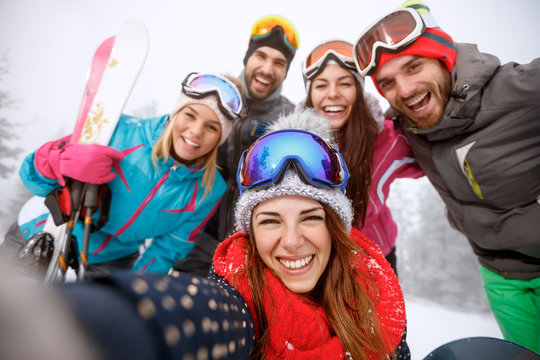 Boys and girls together on skiing