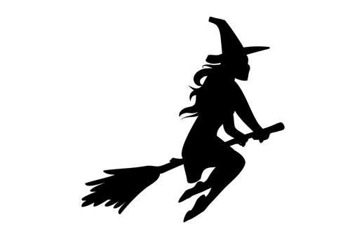 Silhouette of a witch flying, riding a broom. Vector illustration