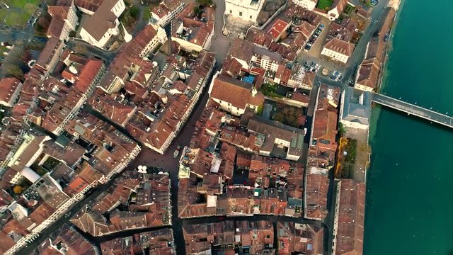 Incredible 4k aerial drone landscape view on big medieval ancient city with old architecture building church by river