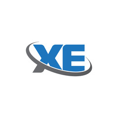 Initial letter XE, overlapping swoosh ring logo, blue gray color