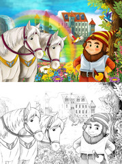 Obraz na płótnie Canvas cartoon scene with dwarf near some beautiful rainbow waterfall and medieval castle illustration for children 