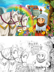 cartoon scene with dwarf near some beautiful rainbow waterfall and medieval castle illustration for children 