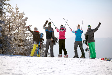 Back view of group skiers with ski sticks up in mountain