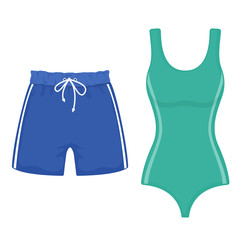 Swimsuit and swimming trunks on white background, cartoon illustration of beach accessories for summer holidays. Vector