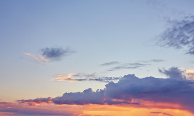 Beautiful, heavy clouded blue sunset sky