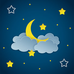 Dark night sky background with clouds, stars and crescent moon. Vector Illustration.
