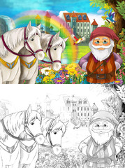 cartoon scene with dwarf near some beautiful rainbow waterfall and medieval castle illustration for children 
