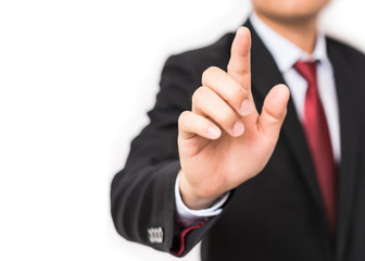 Bussiness man is pressing empty button on white background