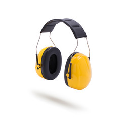 Yellow black ear protectors isolated on white background