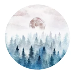 Deurstickers Aquarel natuur Landschap in een cirkel met het mistige bos en de opkomende maan. Landschap geschilderd in aquarel.