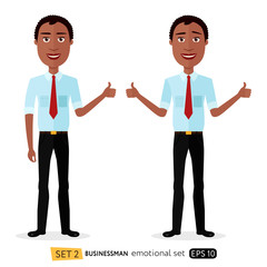 Obraz premium Glad smile happy african american business man showing thumbs up cartoon vector isolated on white