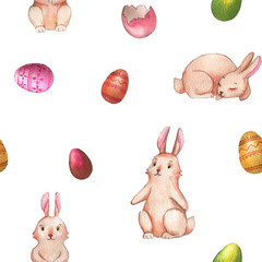 Hand-drawn watercolor seamless pattern with cute little Easter bunnies on the white background. Repeated print with rabbits and colored eggs