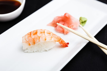 Shrimp sushi served on a plate