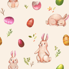 Hand-drawn watercolor seamless pattern with cute little Easter bunnies on the white background. Repeated print with rabbits and colored eggs