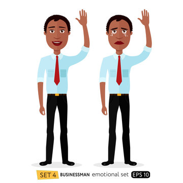 Set Of Emotions For African American Businessman Waving Hand Goodbye Cartoon Vector