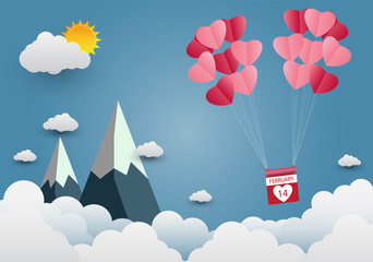 valentine's Day balloon heart-shaped floating in the sky and beautiful mountains cloud.paper art.