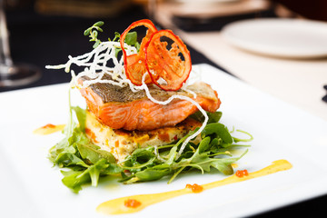 Baked salmon in crab sauce