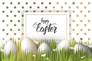 Easter poster with eggs on the grass, hand made trendy lettering 