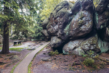 Walking path on peak of Szczeliniec Wielki in Table Mountains National Park, one of the biggest tourist attractions of the Polish Sudetes