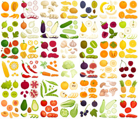 Vector set of products. A variety of vegetables, fruits and berries in a cartoon style. Sliced, whole, half, chopped and slices of different foods. - obrazy, fototapety, plakaty