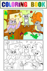 Lesson in the school of an owl in the woods coloring and color book for children cartoon vector illustration