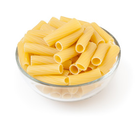 Tortiglioni pasta in glass bowl isolated on white background with clipping path
