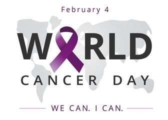 World cancer day, lettering and map, We can I can banner. February 4. Vector illustration of World Cancer Day with ribbon and text on world map