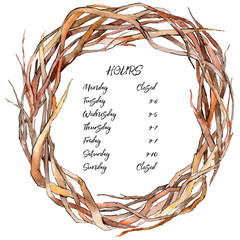 Forest twig branches wreath in a hand drawn watercolor style. Aquarelle twig branches wreath for background, texture, wrapper pattern, frame or border.