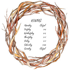Forest twig branches wreath in a hand drawn watercolor style. Aquarelle twig branches wreath for background, texture, wrapper pattern, frame or border. © yanushkov