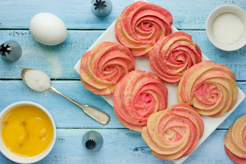 Beautiful meringue shaped pink flower, homemade meringue zefir marshmallow cooking process