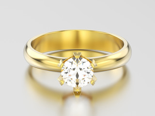 3D illustration yellow gold traditional solitaire engagement diamond ring