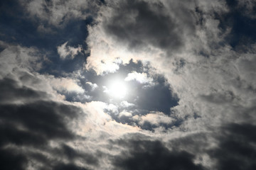 雲間に見える太陽と青空「雲の風景」希望の光、未来の光、栄光の光、神秘的、輝き、成功などのイメージ
