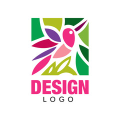 Colorful logo design with abstract pink bird and plants. Original label template in rectangular shape. Vector element for business card, beauty salon or banner