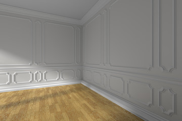 White empty room with molding and parquet floor.