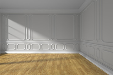 White empty room with parquet floor and  molding
