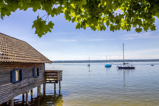 Germany, Bavaria, Upper Bavaria, near Herrsching, Ammersee lake, boathouse