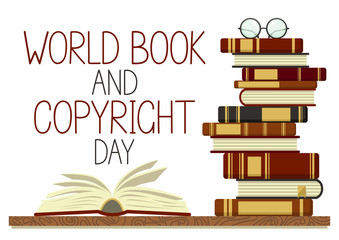 World Book and Copyright Day. Stack of books with open book and glasses on white background. Reading vector illustration.
