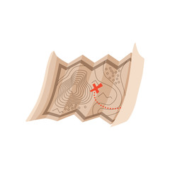 Old map with red cross leading to ancient burial and antique artifacts. Archeology vector symbol. Cartoon flat design for web site or mobile app