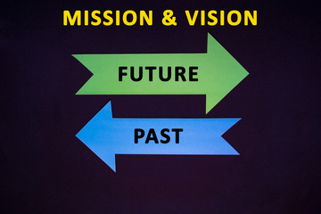 conceptual colored arrows on the dark blue texture background. Mission and vision.