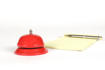 sonnette, stylo, bloc-notes, 